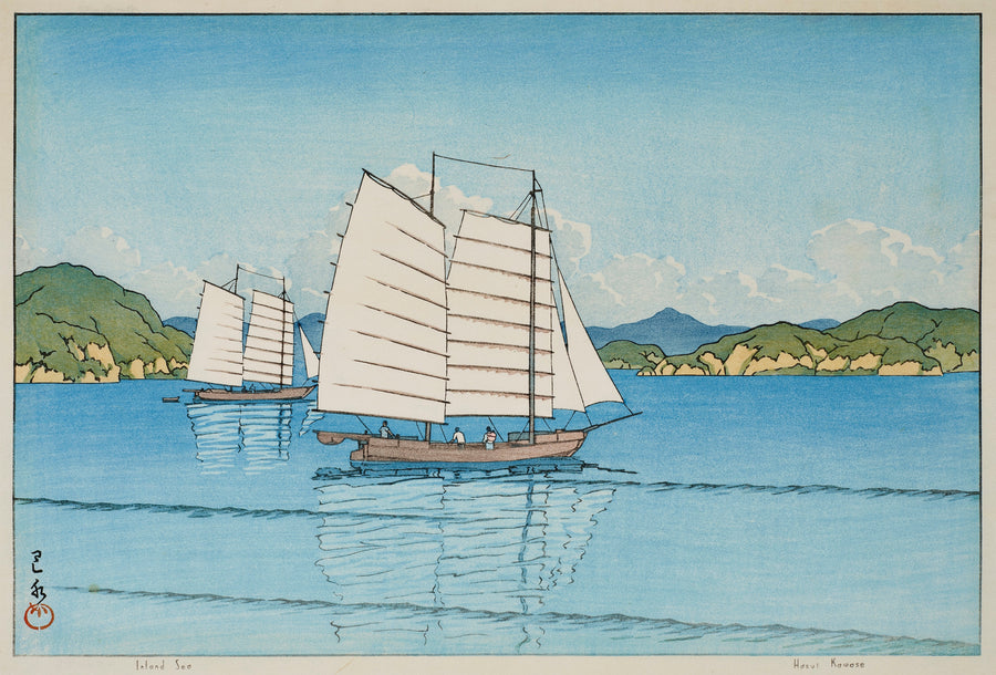 Kawase Hasui — Inland Sea | Japanese Woodblock Print (Shin Hanga) shown to scale on a wall above a sofa
