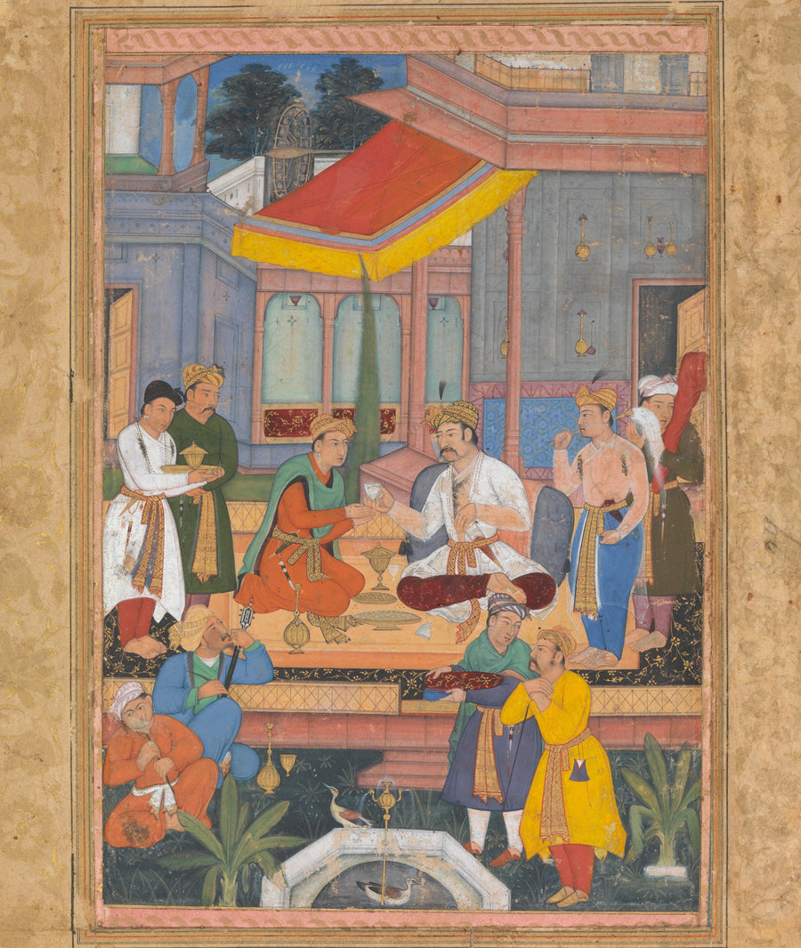 Interior of a Courtyard with Figures | Mughal Painting Art Print shown to scale on a wall above a sofa