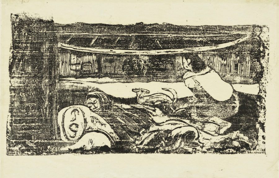 Paul Gauguin — Interior of a Hut (Intérieur de case) | Woodcut Print shown to scale on a wall above a sofa