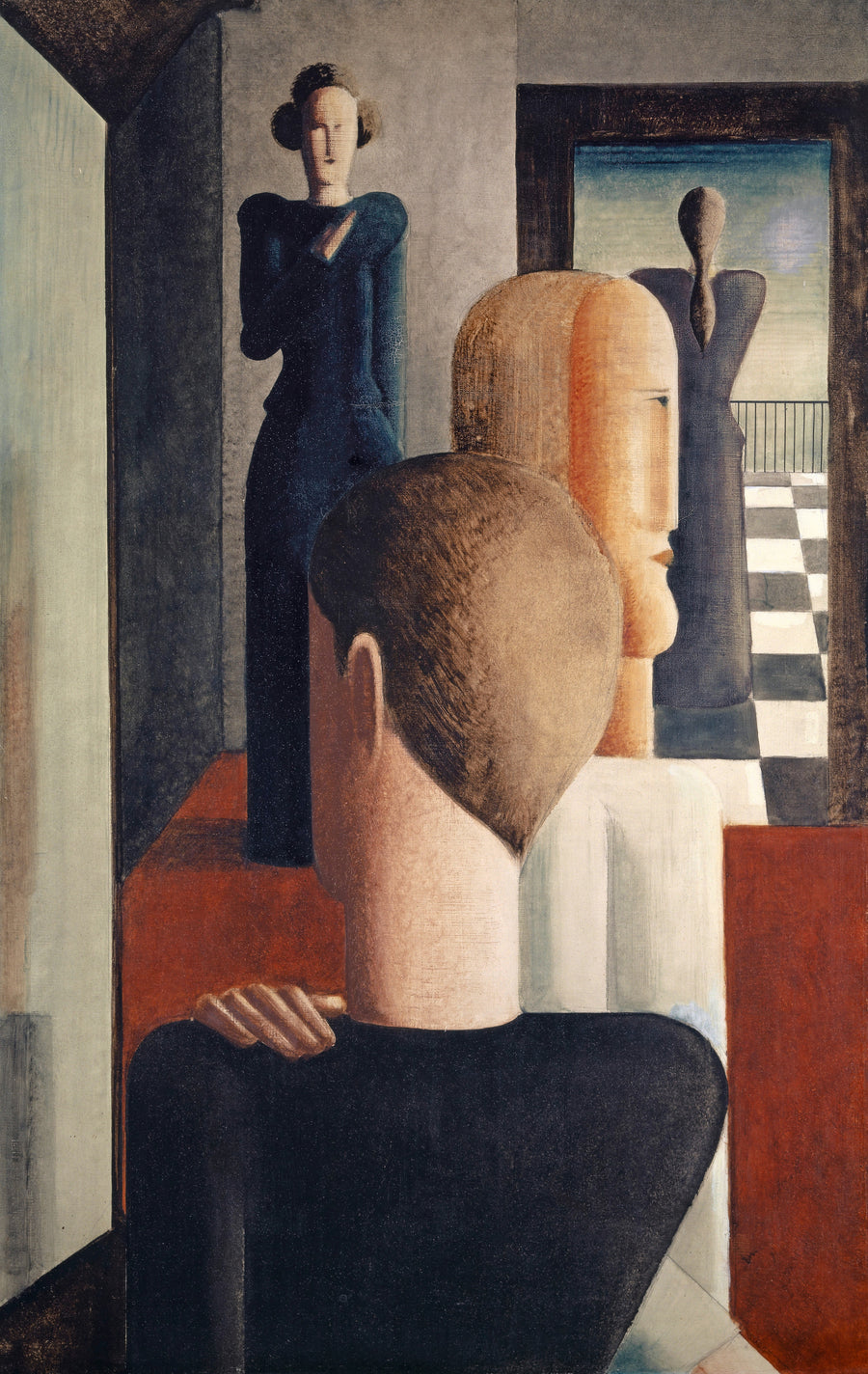 Oskar Schlemmer — Interior with Five Figures, Roman | Art Print shown to scale on a wall above a sofa