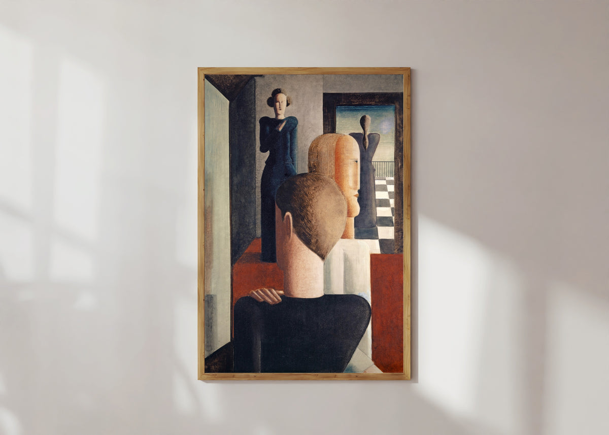 Framed art print of Interior with Five Figures, Roman by Oskar Schlemmer, in a light wood frame on a sunlit white wall