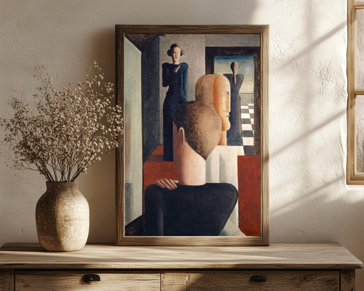 Framed art print of Interior with Five Figures, Roman by Oskar Schlemmer, in a dark wood frame leaning on a rustic console beside dried flowers