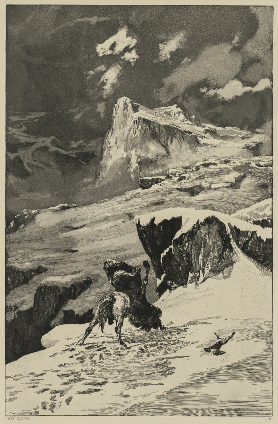 Max Klinger — Intermezzi: Battling Centaurs | Etching Print shown to scale on a wall above a sofa