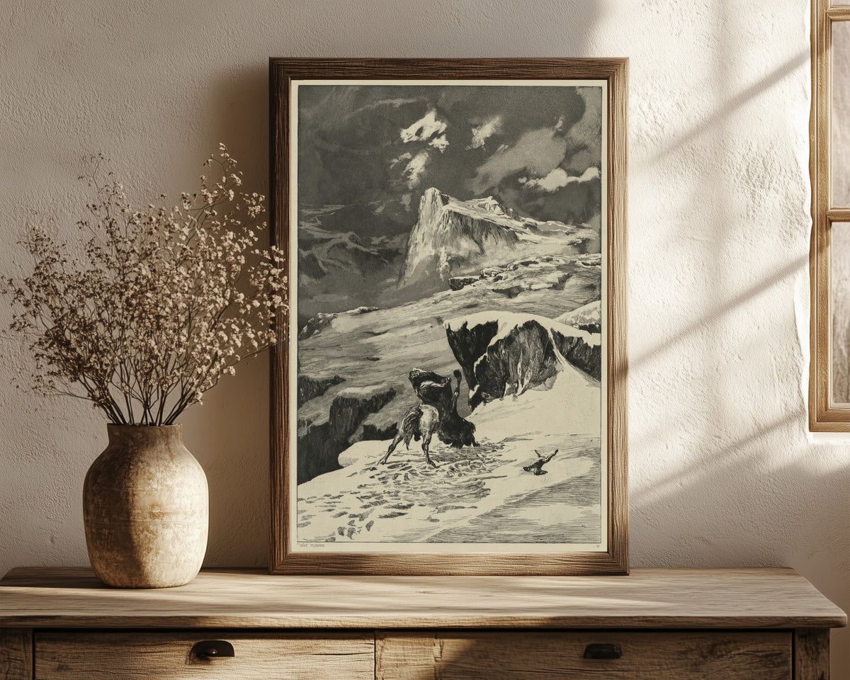 Framed art print of Intermezzi: Battling Centaurs by Max Klinger, in a dark wood frame leaning on a rustic console beside dried flowers