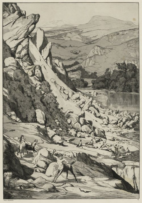Intermezzi: Landslide by Max Klinger — Centaurs scatter as boulders crash down a rocky valley slope