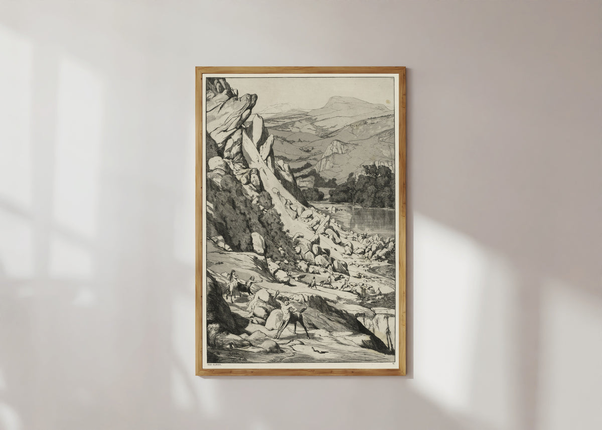 Framed art print of Intermezzi: Landslide by Max Klinger, in a light wood frame on a sunlit white wall