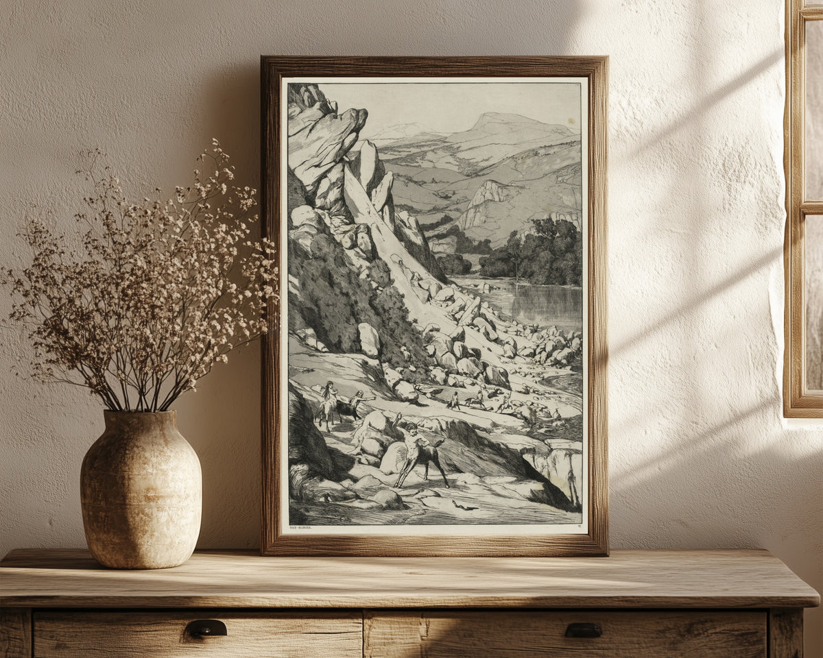 Framed art print of Intermezzi: Landslide by Max Klinger, in a dark wood frame leaning on a rustic console beside dried flowers