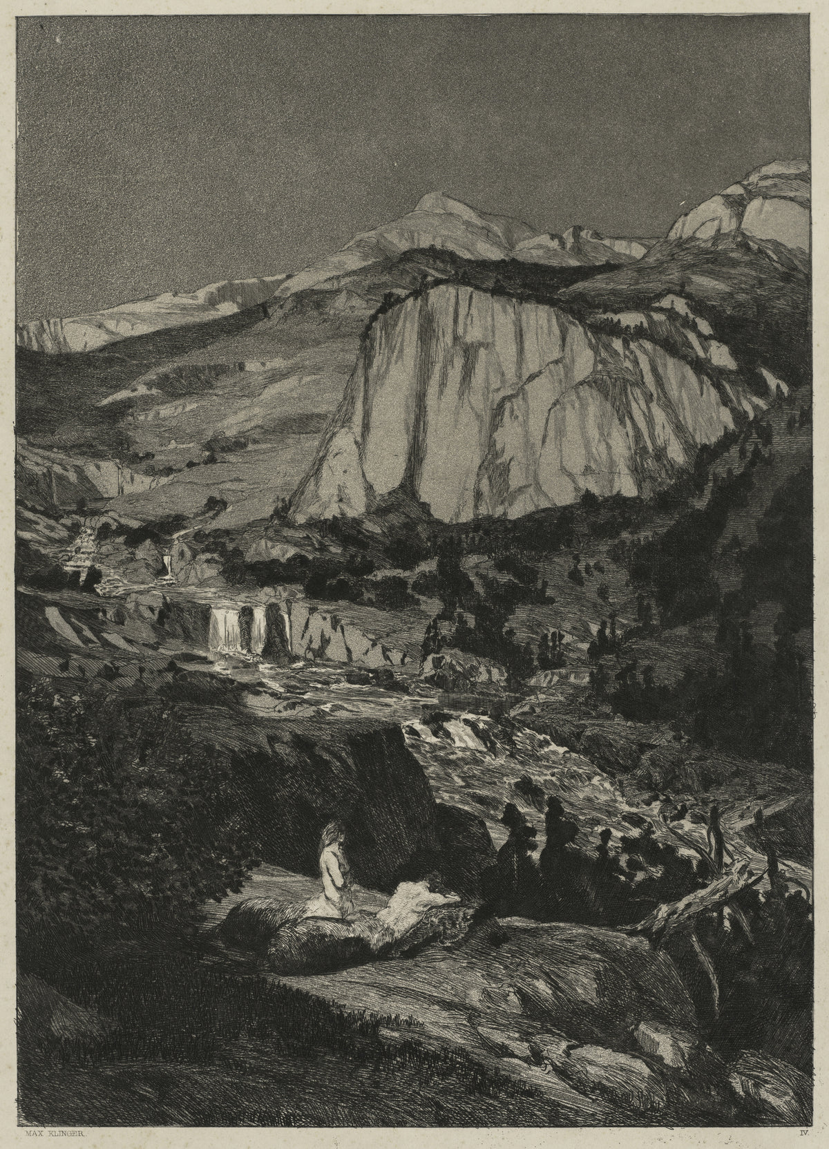 Intermezzi: Moonlit Night by Max Klinger — Two pale figures rest on a rock below a moonlit cliff and waterfall