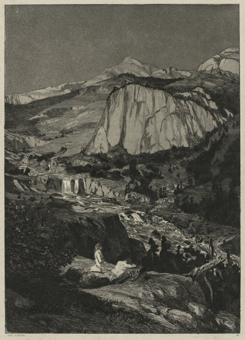 Intermezzi: Moonlit Night by Max Klinger — Two pale figures rest on a rock below a moonlit cliff and waterfall