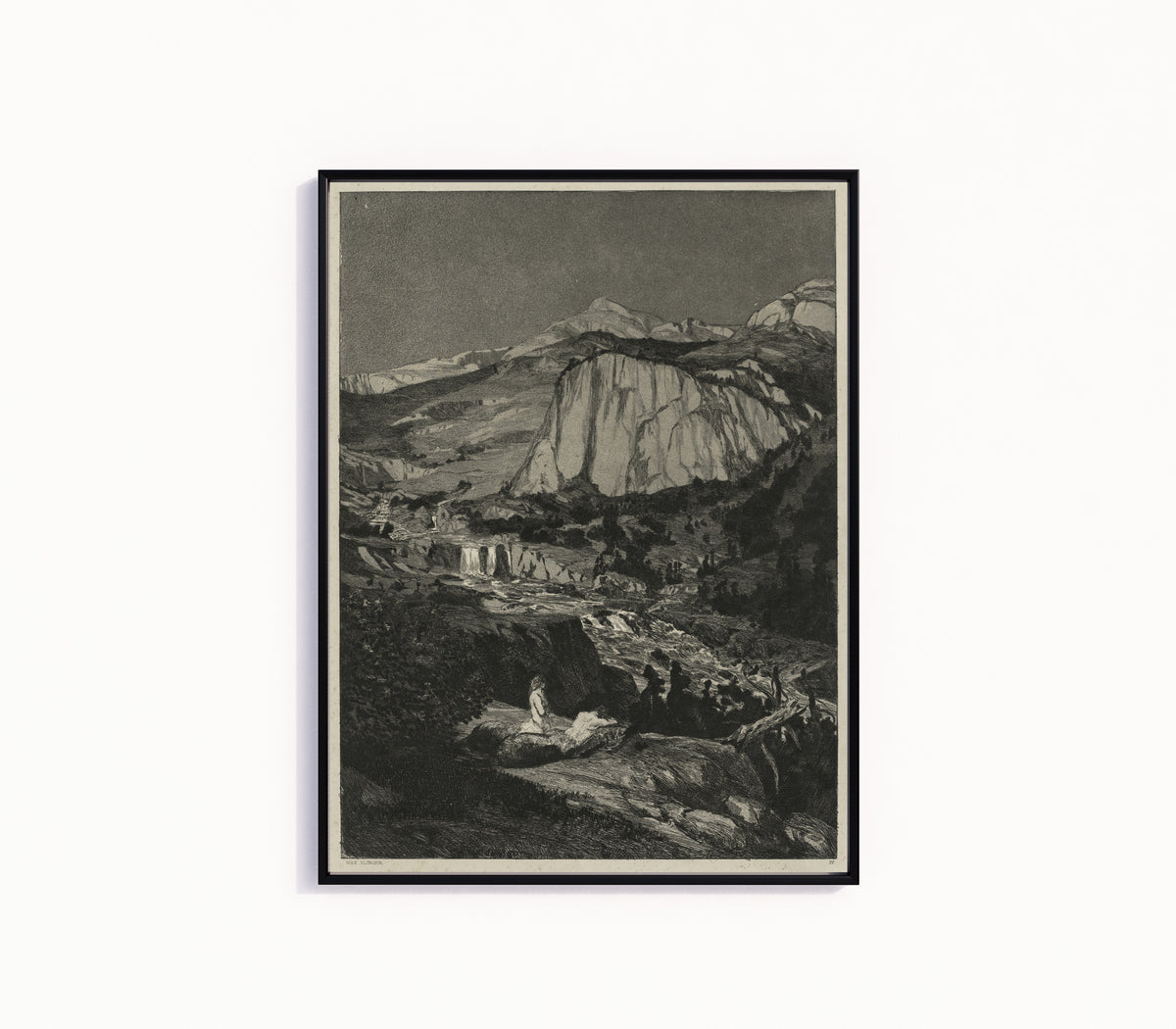 Framed art print of Intermezzi: Moonlit Night by Max Klinger, in a slim black frame on a plain white wall
