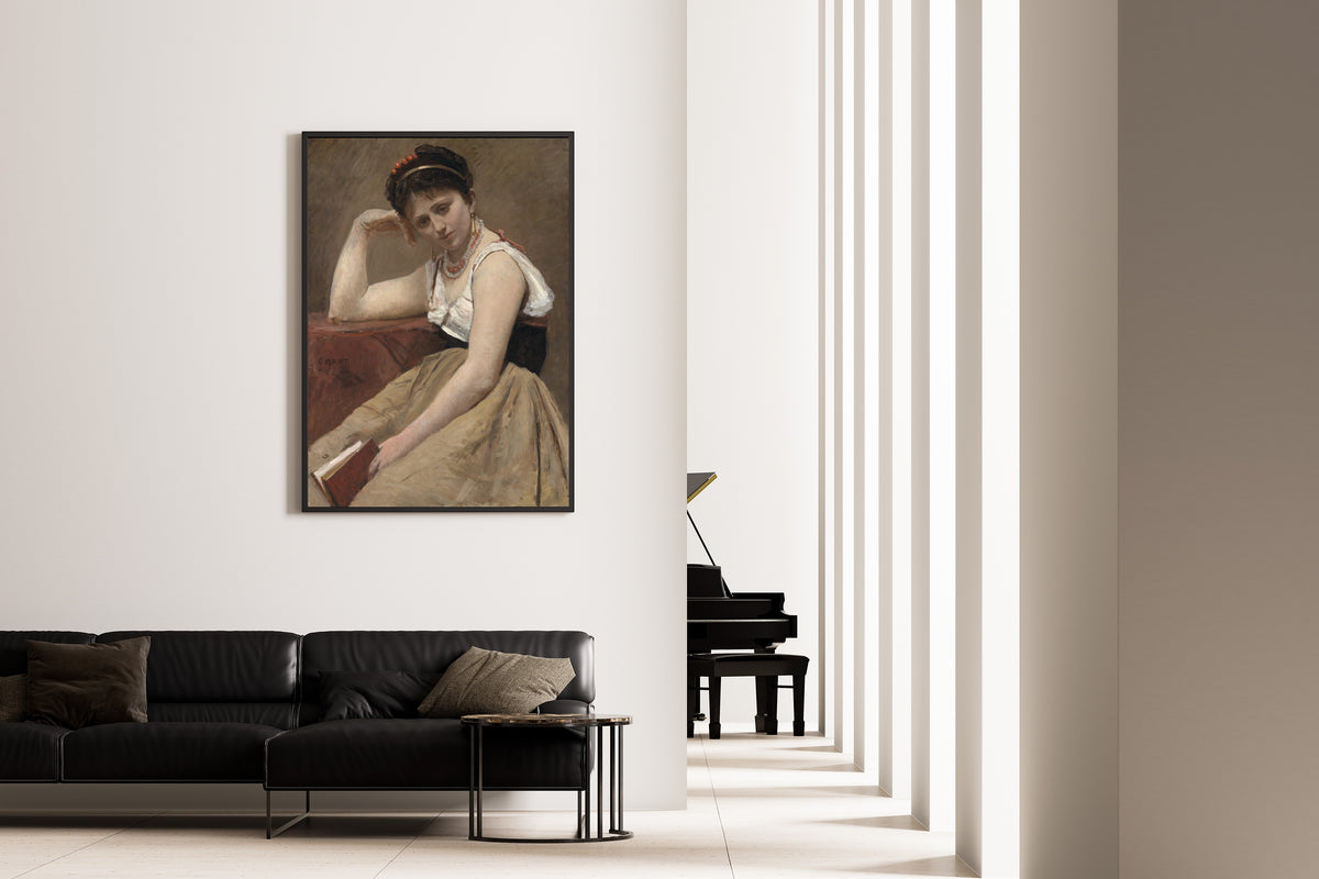 Interrupted Reading by Jean-Baptiste-Camille Corot — framed on the wall of a minimal living room