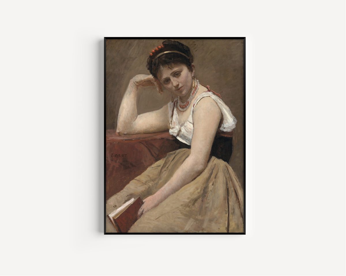 Interrupted Reading by Jean-Baptiste-Camille Corot — in a slim black frame on a plain white wall