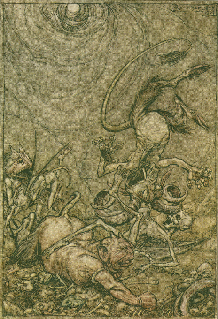 Arthur Rackham — Into the Bottomless Pit He Fell Slap | Fairy Tale Illustration Print shown to scale on a wall above a sofa