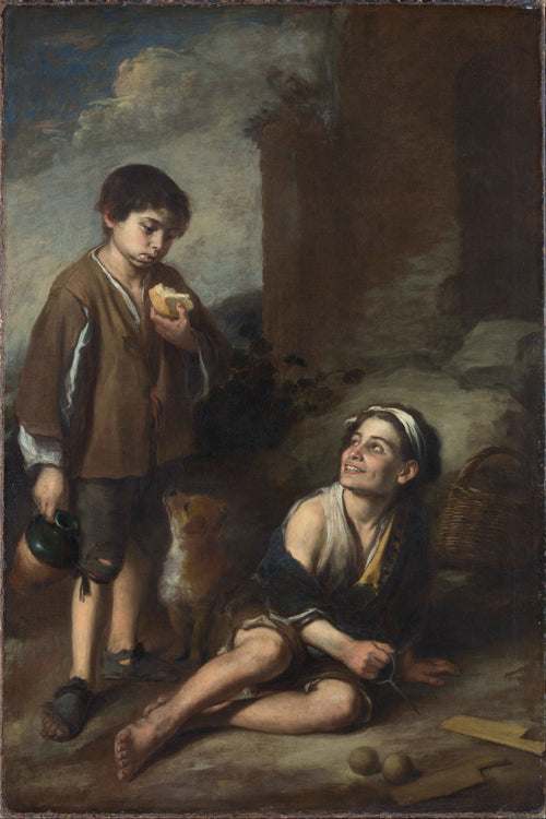 Invitation to a Game of Argolla by Bartolomé Esteban Murillo — A barefoot boy grins up at a bread-eating companion and a russet dog