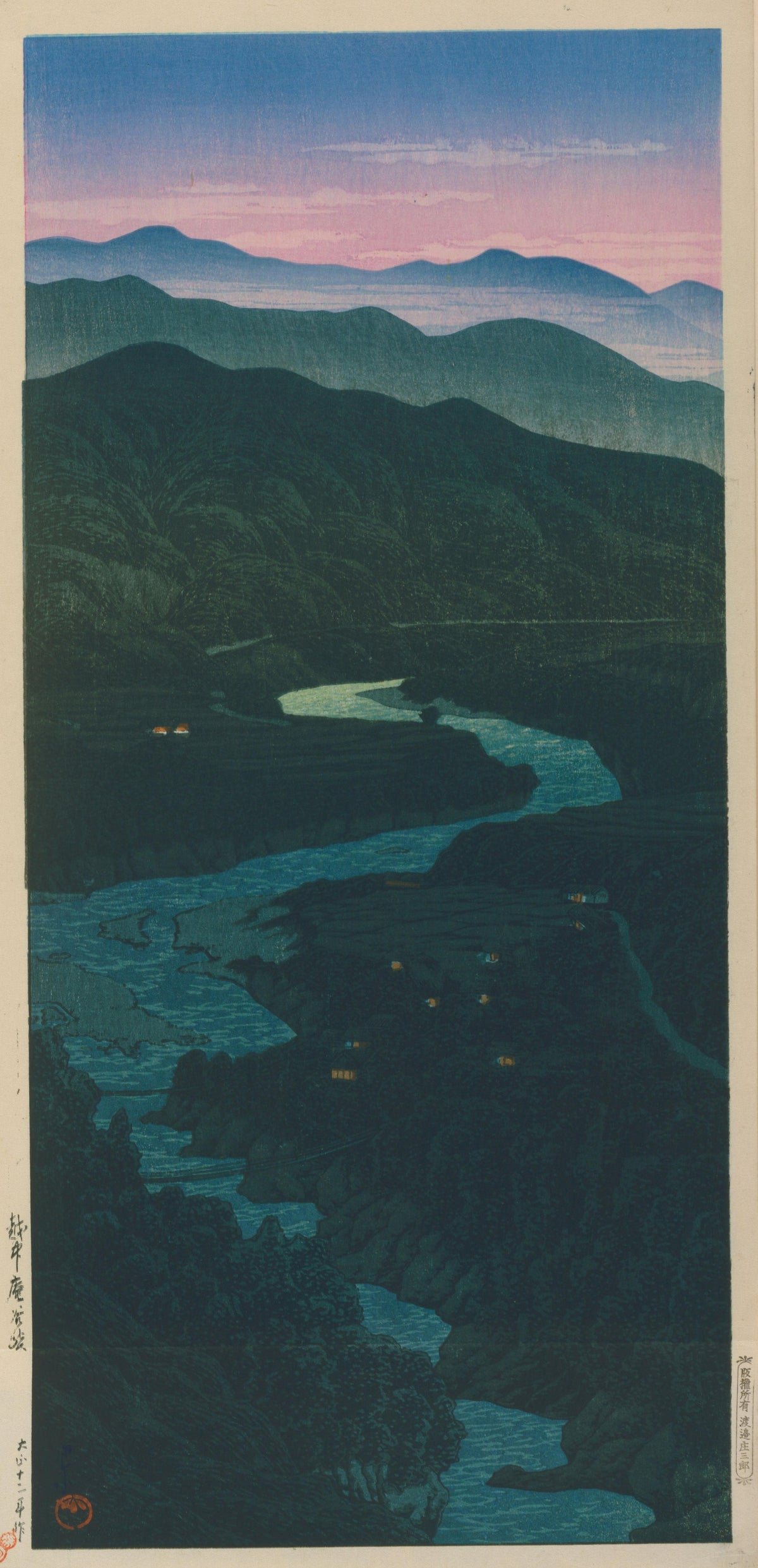 Ioridani Pass, Etchu by Kawase Hasui — A winding river valley in deep green shadow below a pink-tinged sky