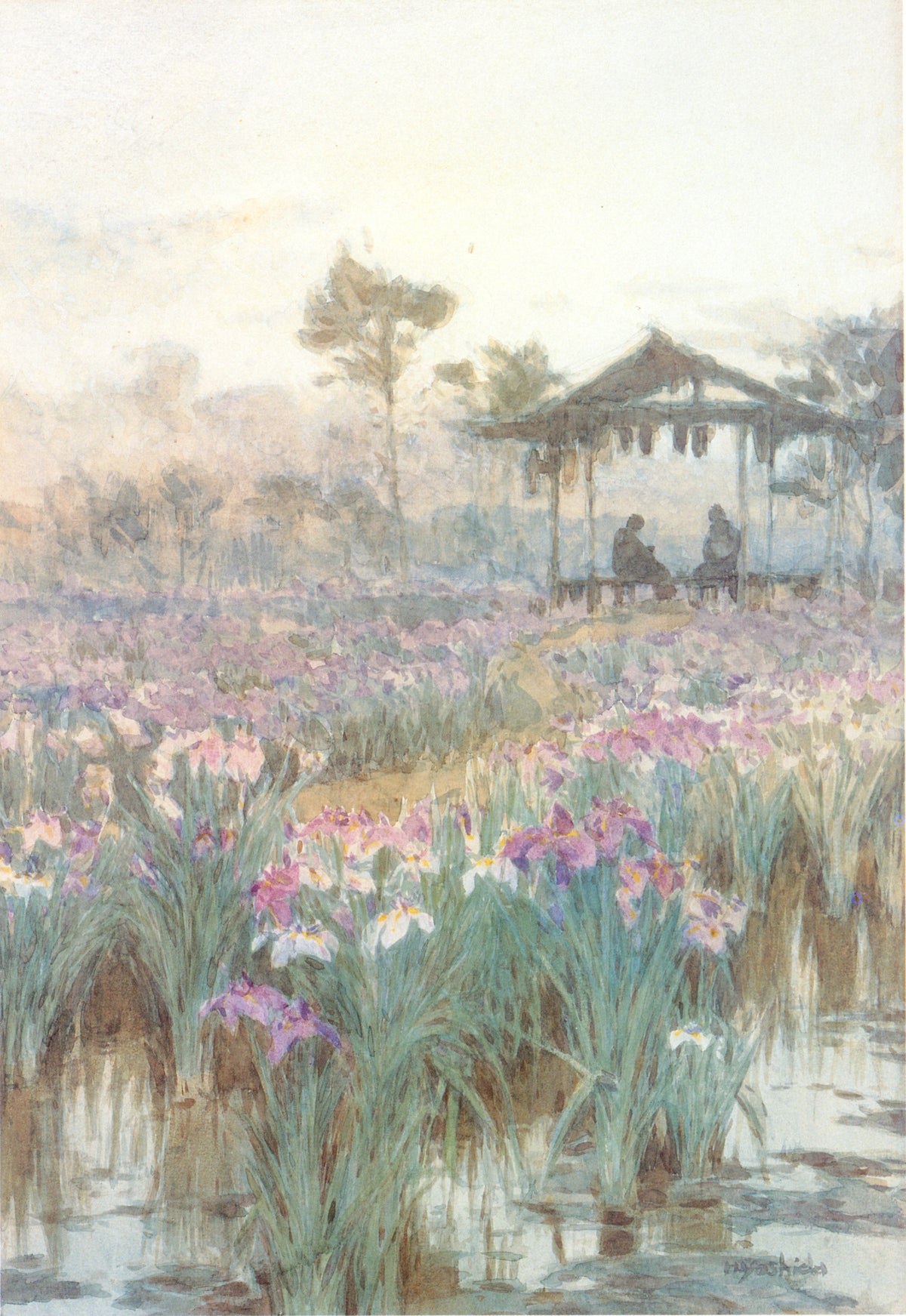 Iris Garden by Hiroshi Yoshida — Pink and violet irises in shallow water before a misty pavilion