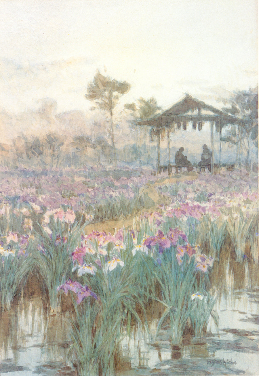 Hiroshi Yoshida — Iris Garden | Japanese Watercolour Print shown to scale on a wall above a sofa
