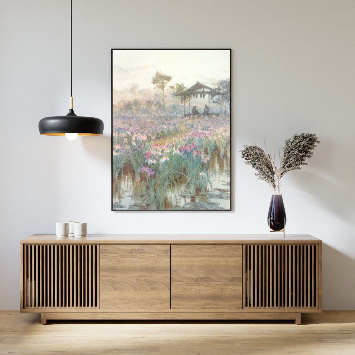Framed art print of Iris Garden by Hiroshi Yoshida, above a slatted wood sideboard