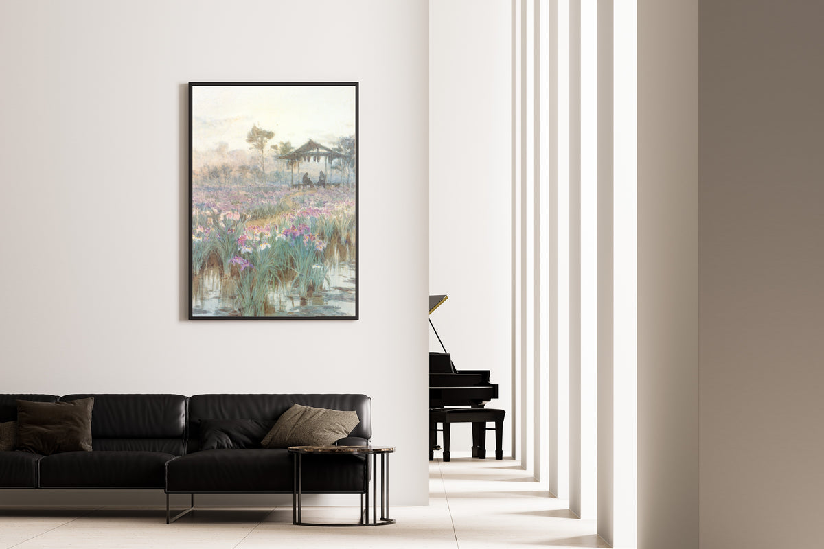 Framed art print of Iris Garden by Hiroshi Yoshida, on the wall of a minimal living room