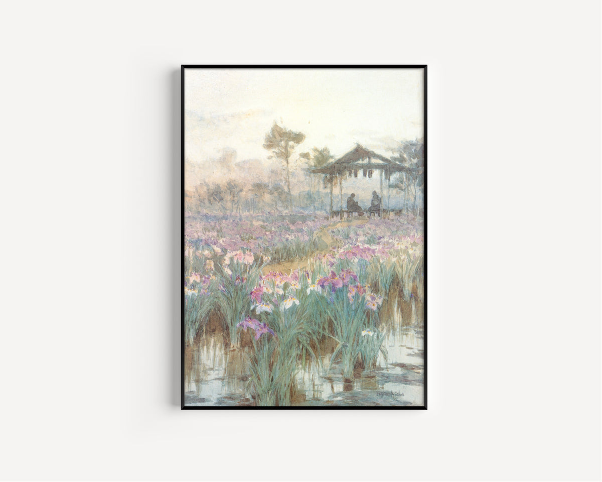 Framed art print of Iris Garden by Hiroshi Yoshida, in a slim black frame on a plain white wall