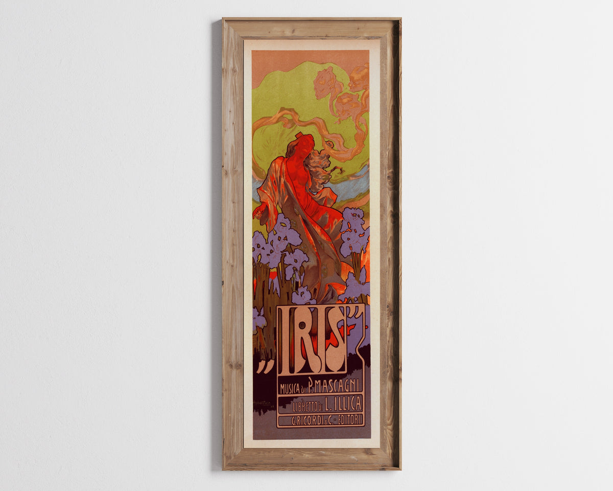 Framed art print of Iris by Adolfo Hohenstein, in a tall wooden frame on a pale wall