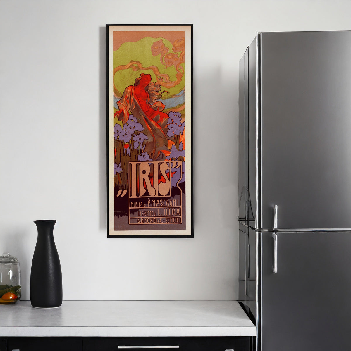Framed art print of Iris by Adolfo Hohenstein, on a kitchen wall