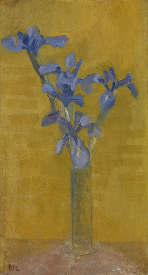 Irises by Piet Mondrian — Blue irises in a tall clear glass against a mustard-yellow wall