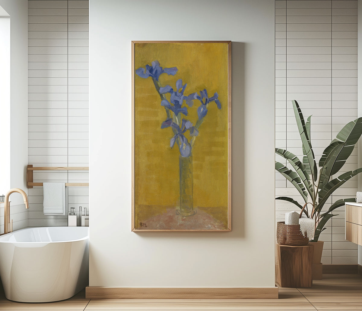Framed art print of Irises by Piet Mondrian, in a bathroom beside a freestanding tub