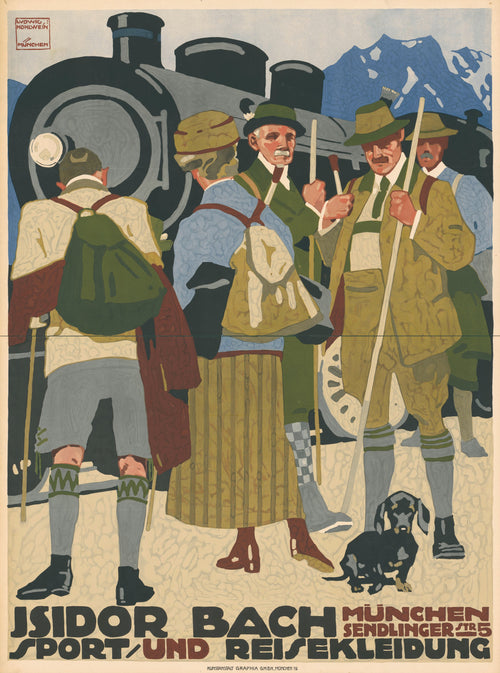 Isidor Bach: Sport- und Reisekleidung, München by Ludwig Hohlwein — Walkers in green jackets stand before a locomotive and a dachshund