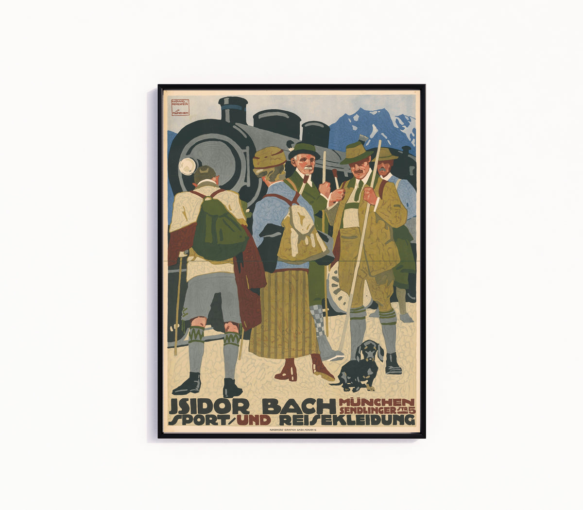 Framed art print of Isidor Bach: Sport- und Reisekleidung, München by Ludwig Hohlwein, in a slim black frame on a plain white wall