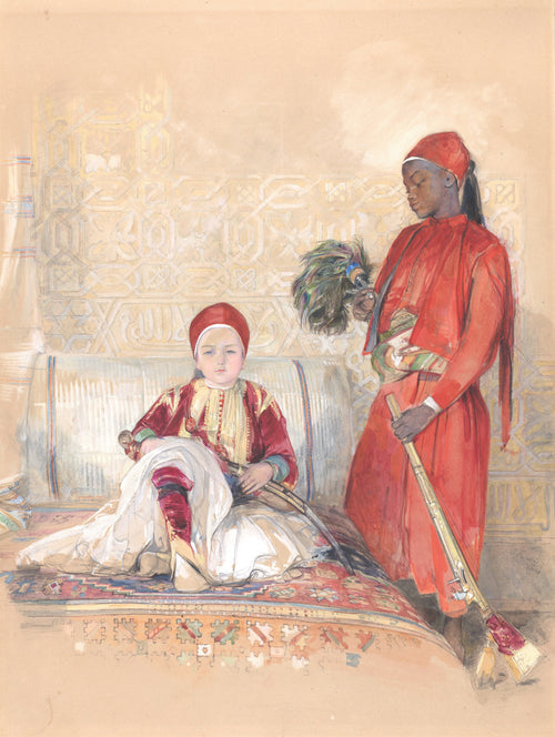 Iskander Bey and His Servant by John Frederick Lewis — A small boy in a red cap sits on a carpet beside a standing servant