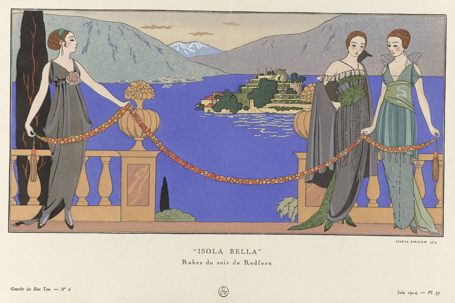 George Barbier — Isola Bella, robes du soir de Redfern | Art Deco Fashion Print shown to scale on a wall above a sofa