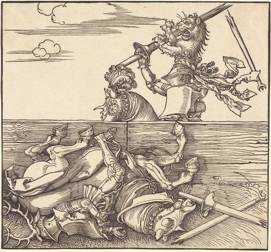 Albrecht Dürer — Italian Joust of Peace | Woodcut Print shown to scale on a wall above a sofa