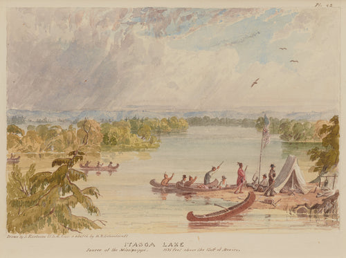 Itasca Lake, Source of the Mississippi, 1575 Feet above the Gulf of Mexico by Seth Eastman — An expedition's tent and flag on the shore of a quiet northern lake