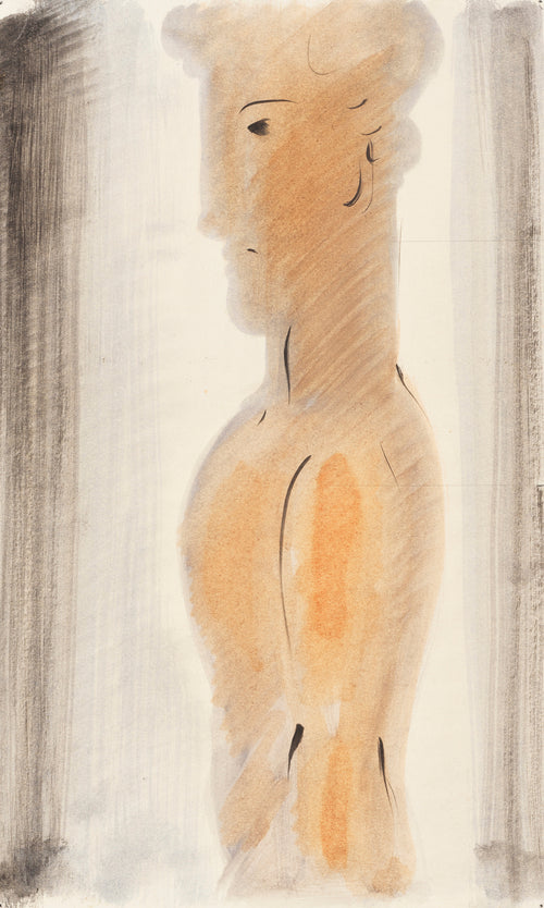Jünglingsfigur im Profil by Oskar Schlemmer — A young man in profile, built from soft washes of orange and tan