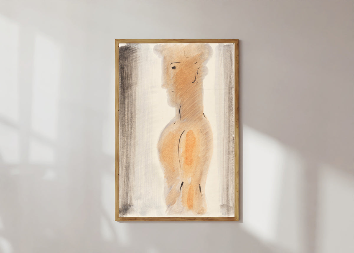 Framed art print of Jünglingsfigur im Profil by Oskar Schlemmer, in a light wood frame on a sunlit white wall