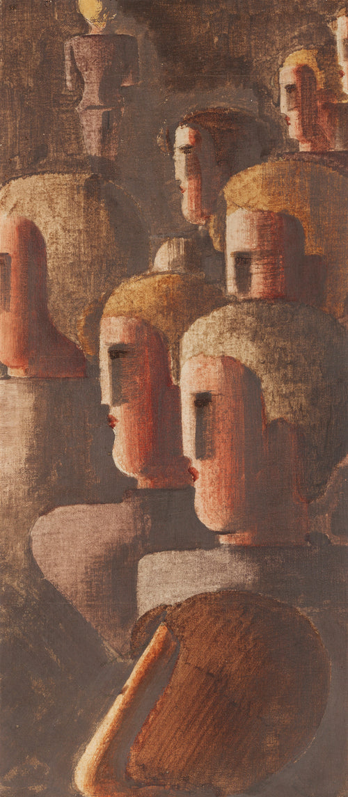 Jünglingsgruppe in Braun by Oskar Schlemmer — A column of masklike young heads turned to the left in earthy browns