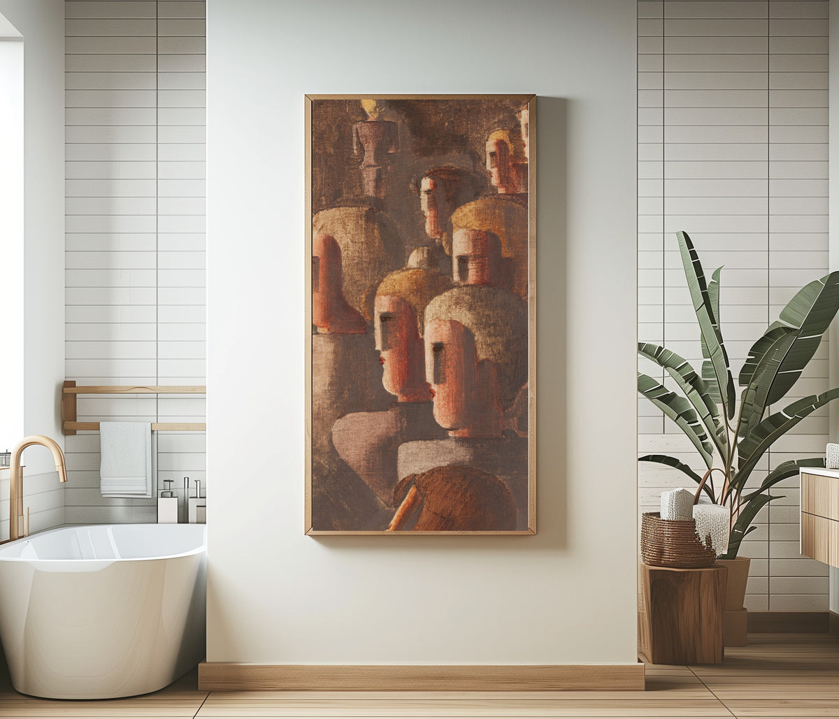 Framed art print of Jünglingsgruppe in Braun by Oskar Schlemmer, in a bathroom beside a freestanding tub