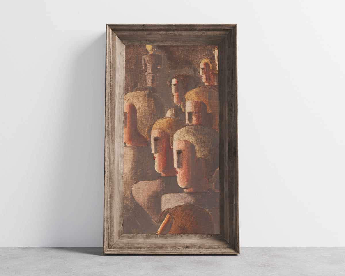 Framed art print of Jünglingsgruppe in Braun by Oskar Schlemmer, in a wide wooden frame leaning against a concrete wall