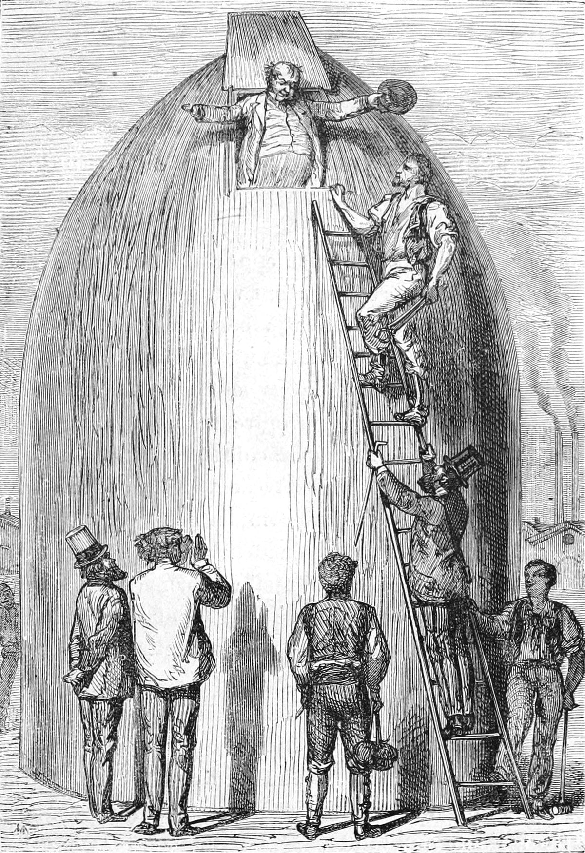 J.-T. Maston avait engraissé! (J.-T. Maston had put on weight!) by Henri de Montaut — A stout man emerges from the hatch of a giant shell as workmen watch