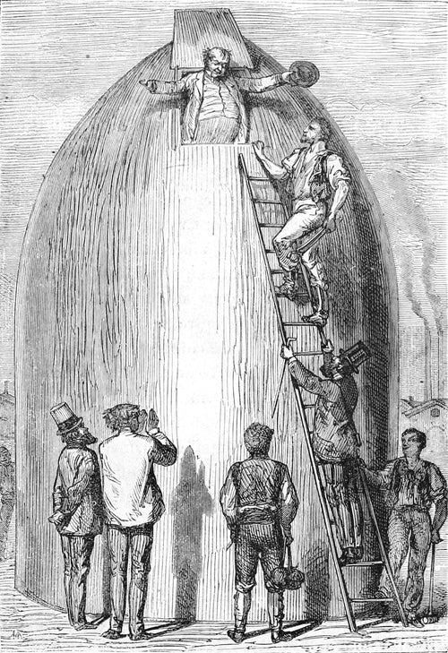 J.-T. Maston avait engraissé! (J.-T. Maston had put on weight!) by Henri de Montaut — A stout man emerges from the hatch of a giant shell as workmen watch