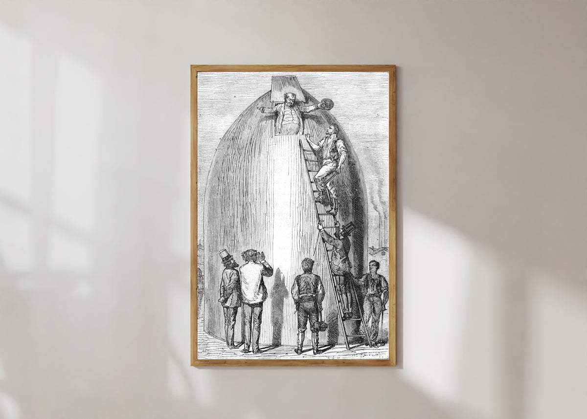 Framed art print of J.-T. Maston avait engraissé! (J.-T. Maston had put on weight!) by Henri de Montaut, in a light wood frame on a sunlit white wall
