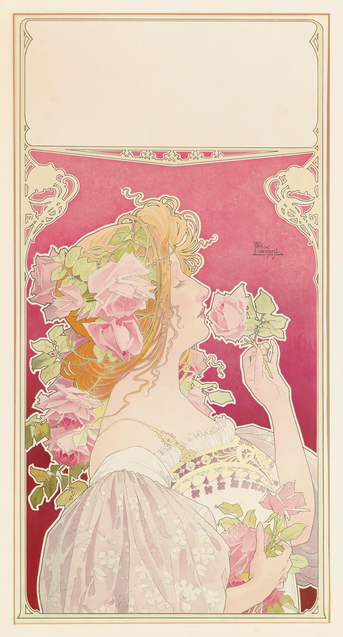 J.C. Boldoot Eau de Cologne (unlettered state) by Henri Privat-Livemont — A red-haired woman breathes in a pink rose, crowned with roses