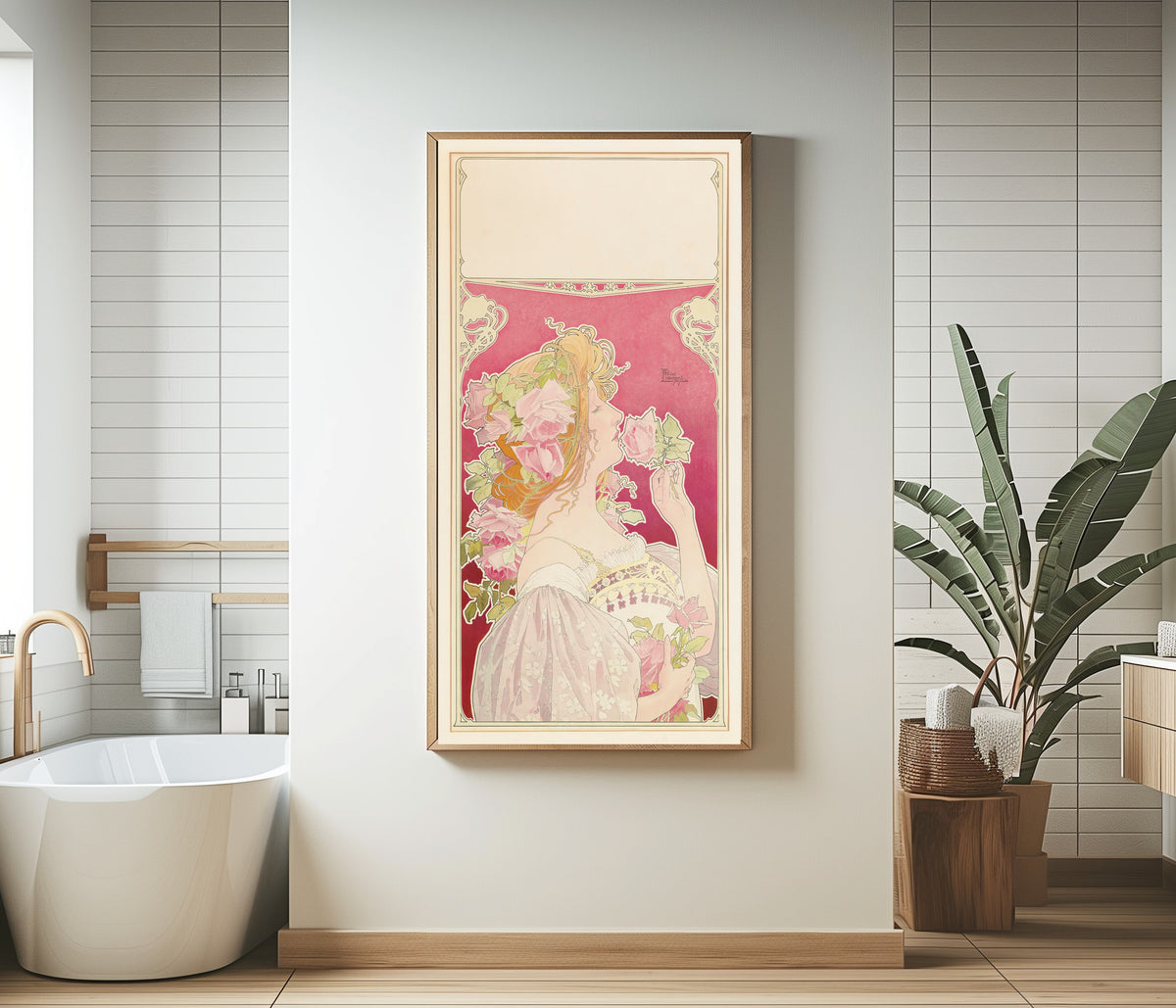 Framed art print of J.C. Boldoot Eau de Cologne (unlettered state) by Henri Privat-Livemont, in a bathroom beside a freestanding tub
