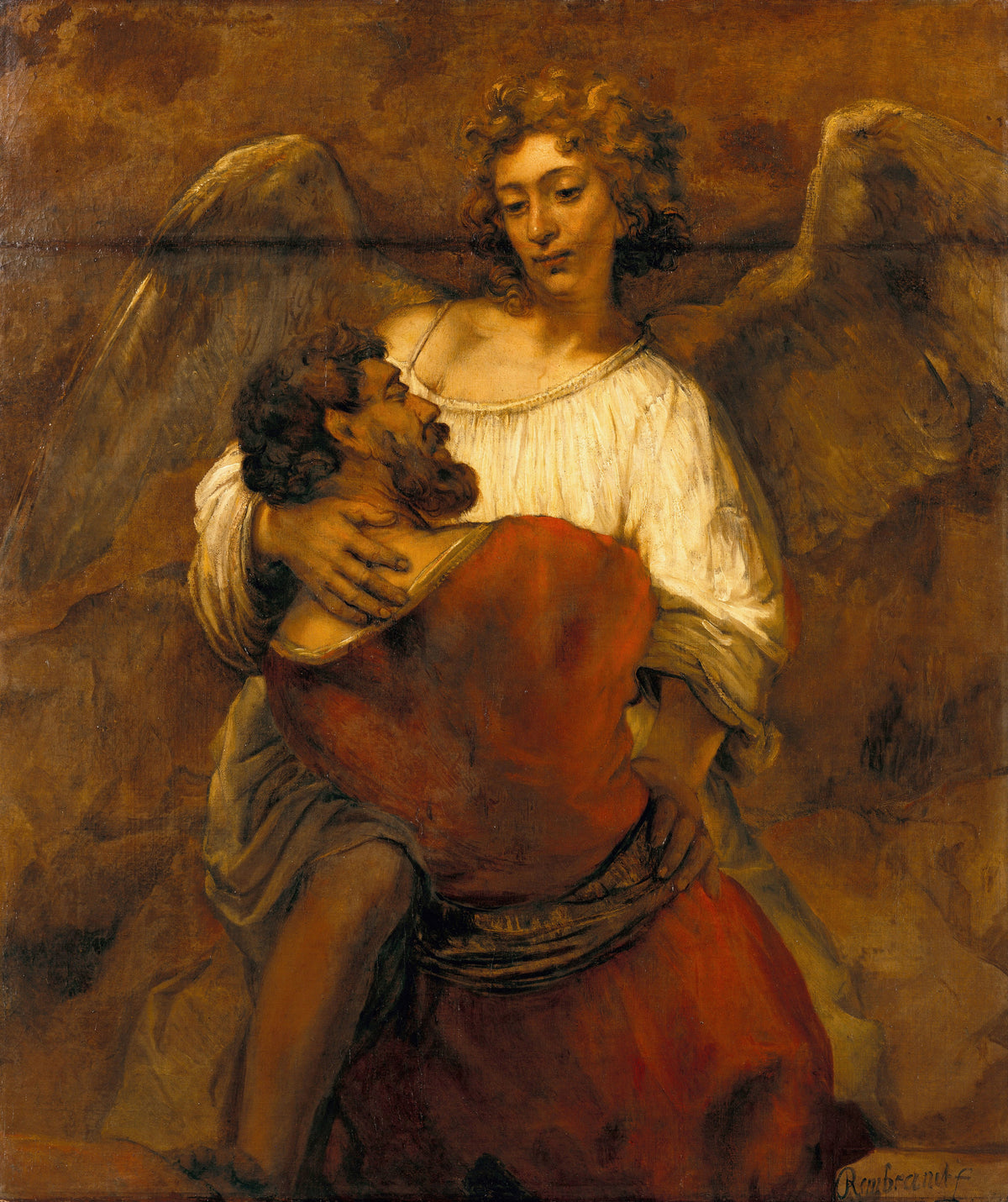 Jacob Wrestling with the Angel by Rembrandt van Rijn — A winged angel holds Jacob close in a wrestling embrace