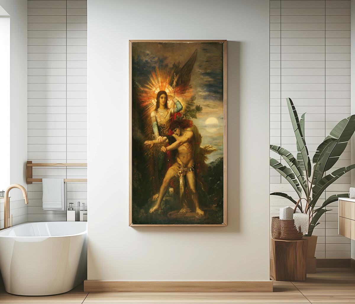 Framed art print of Jacob and the Angel by Gustave Moreau, in a bathroom beside a freestanding tub