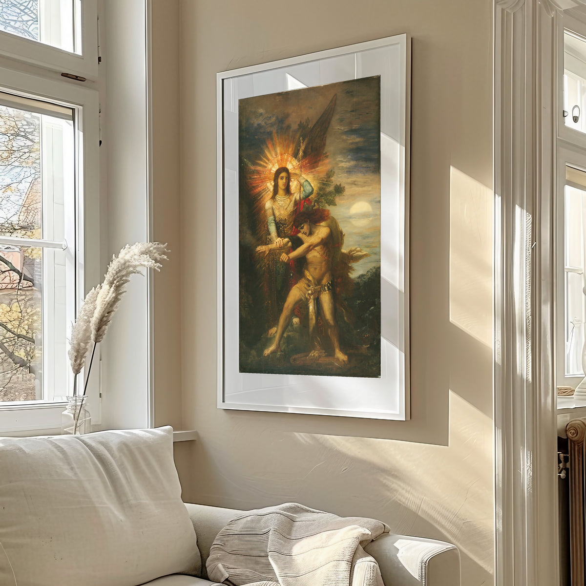 Framed art print of Jacob and the Angel by Gustave Moreau, in a sunlit living room above a sofa