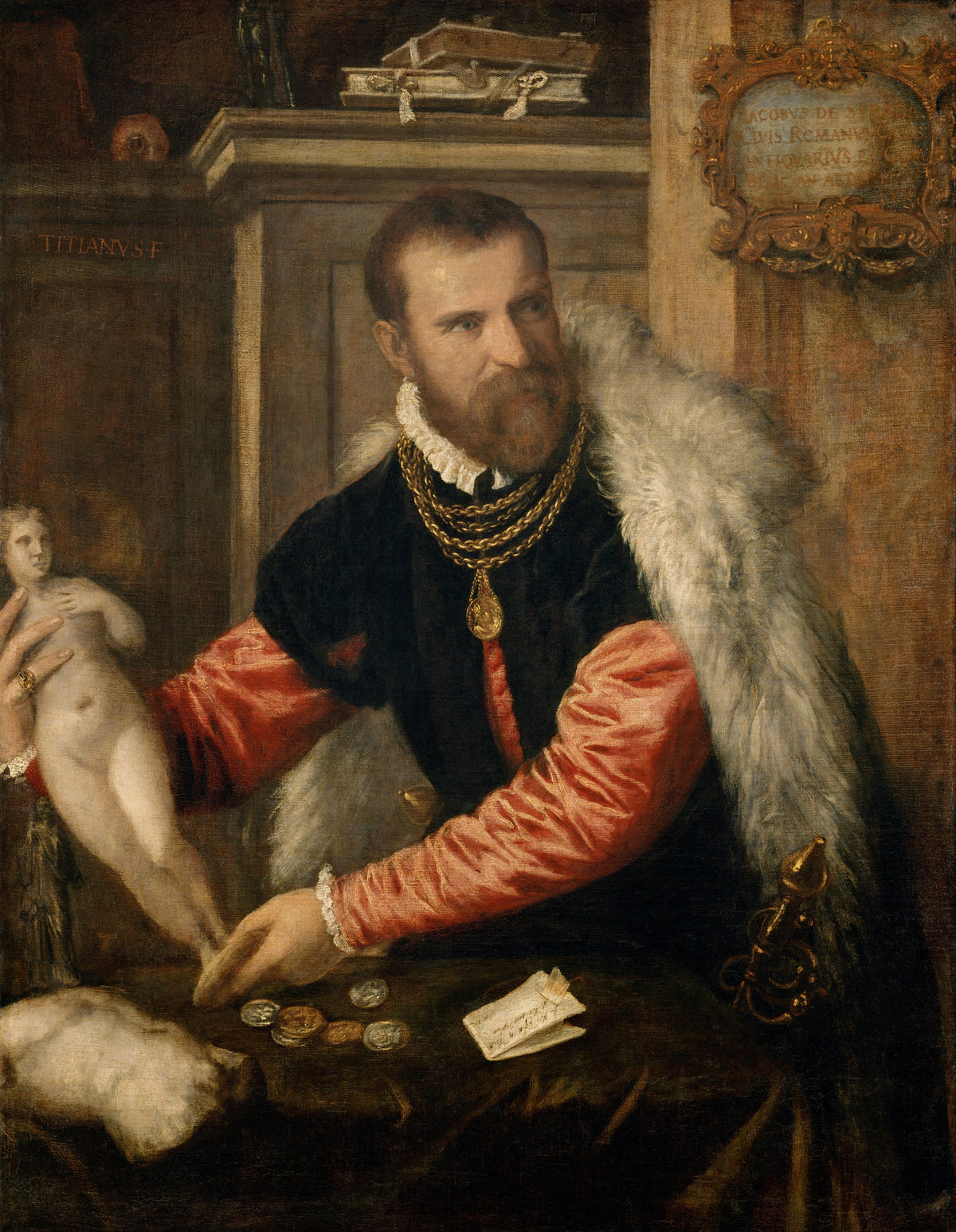 Jacopo Strada by Titian — A bearded man in a fur-edged cloak with coins and a white statuette