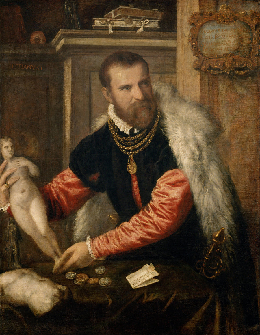 Titian — Jacopo Strada | Fine Art Print shown to scale on a wall above a sofa