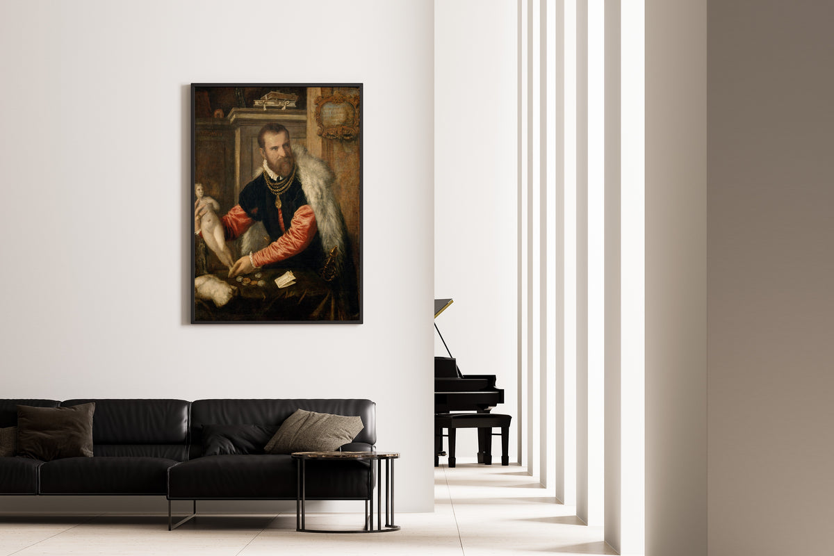 Framed art print of Jacopo Strada by Titian, on the wall of a minimal living room